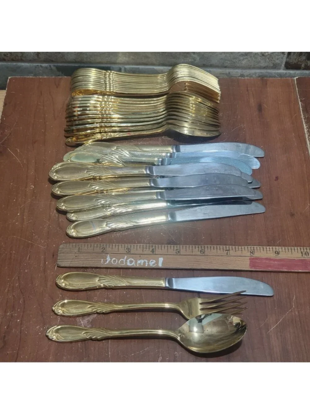 36 Piece Classic Plume Gold Electroplated Flatware Marked Stainless Steel Korea